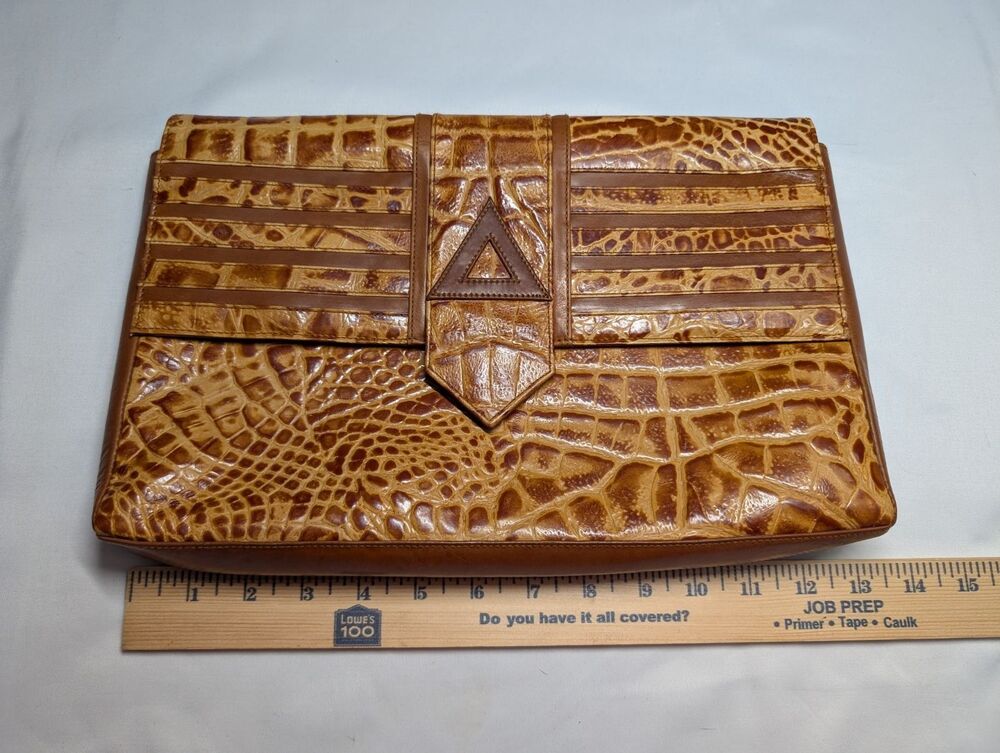 Nazzareno Gabriello Vintage Croc Embossed Clutch Purse Italy Brown